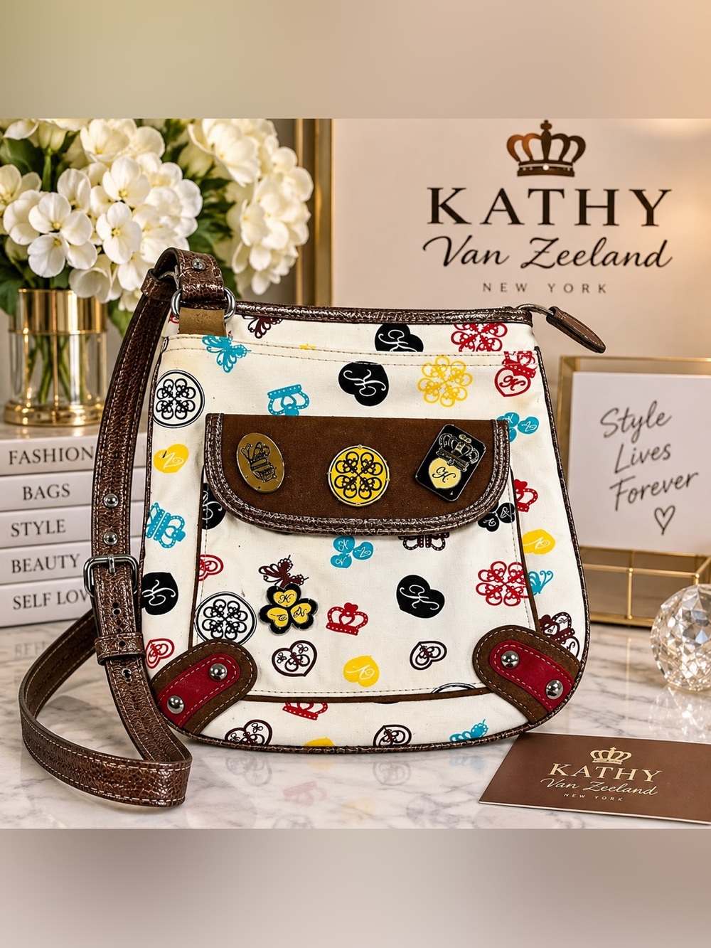 Vintage Kathy Van Zeeland White Multi Logo Print Crossbody Bag Y2K
